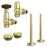Chatsworth 450 x 1010mm Cast Iron Style 3 Column White Radiator - Brushed Brass Wall Stay Brackets and Thermostatic Valves