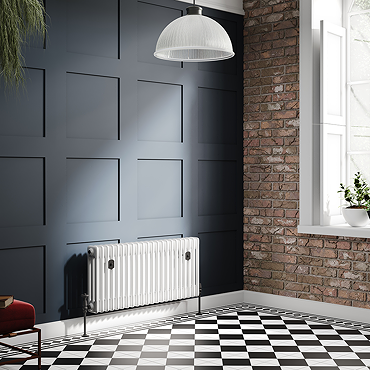 Chatsworth 450 x 1010mm Cast Iron Style 3 Column White Radiator - Matt Black Wall Stay Brackets and Thermostatic Valves