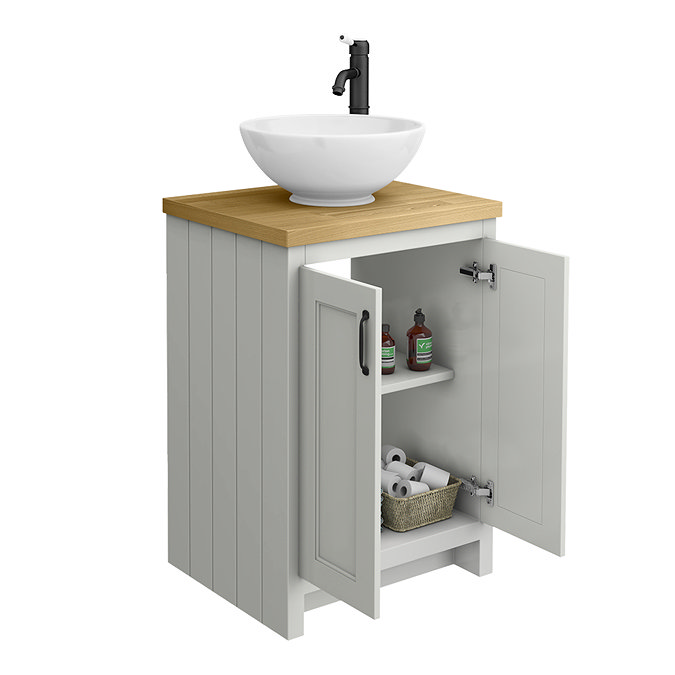Chatsworth 545 Grey Countertop Vanity with Worktop, Round Basin & Matt Black Handles
