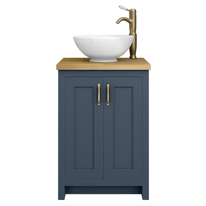 Chatsworth 545mm Blue Countertop Vanity with Worktop, Round Basin & Antique Brass Handles