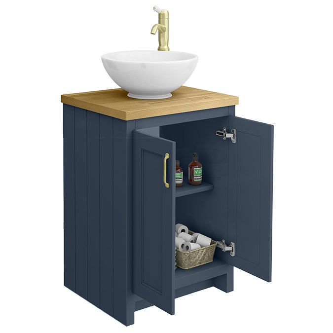 Chatsworth 545mm Blue Countertop Vanity with Worktop, Round Basin & Brushed Brass Handles