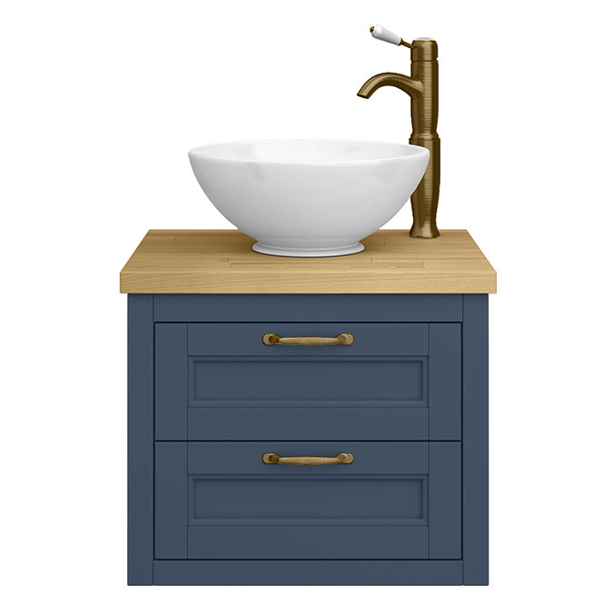 Chatsworth 545mm Blue Wall Hung Countertop Vanity with Worktop, Round Basin & Antique Brass Handles