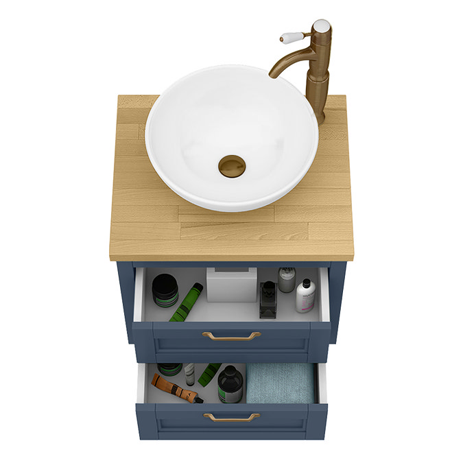 Chatsworth 545mm Blue Wall Hung Countertop Vanity with Worktop, Round Basin & Antique Brass Handles