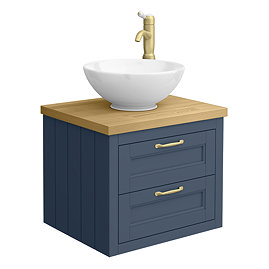 Chatsworth 545mm Blue Wall Hung Countertop Vanity with Worktop, Round Basin & Brushed Brass Handles