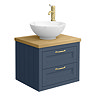Chatsworth 545mm Blue Wall Hung Countertop Vanity with Worktop, Round Basin & Brushed Brass Handles