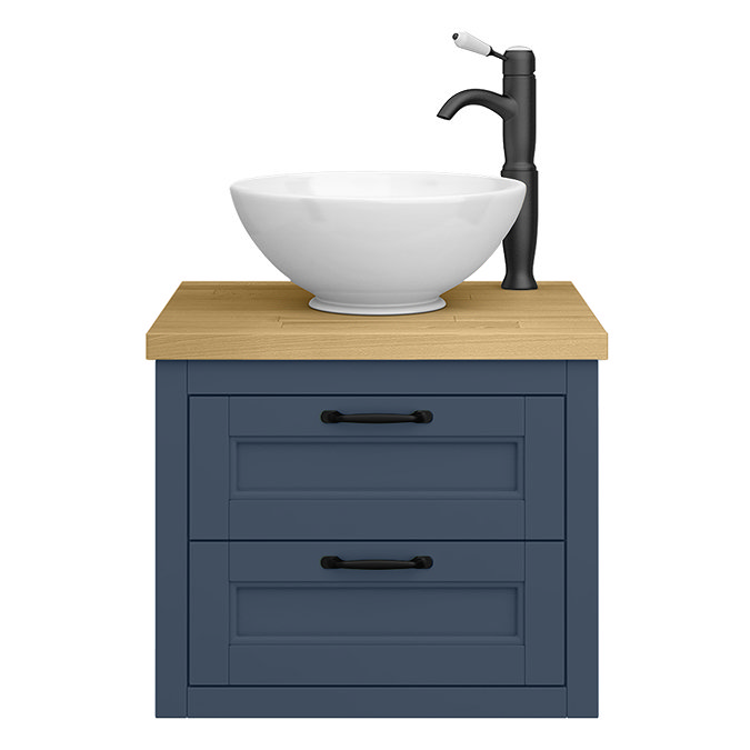 Chatsworth 545mm Blue Wall Hung Countertop Vanity with Worktop, Round Basin & Matt Black Handles
