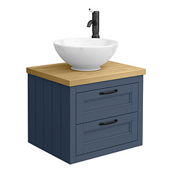 Chatsworth 545mm Blue Wall Hung Countertop Vanity with Worktop, Round Basin & Matt Black Handles