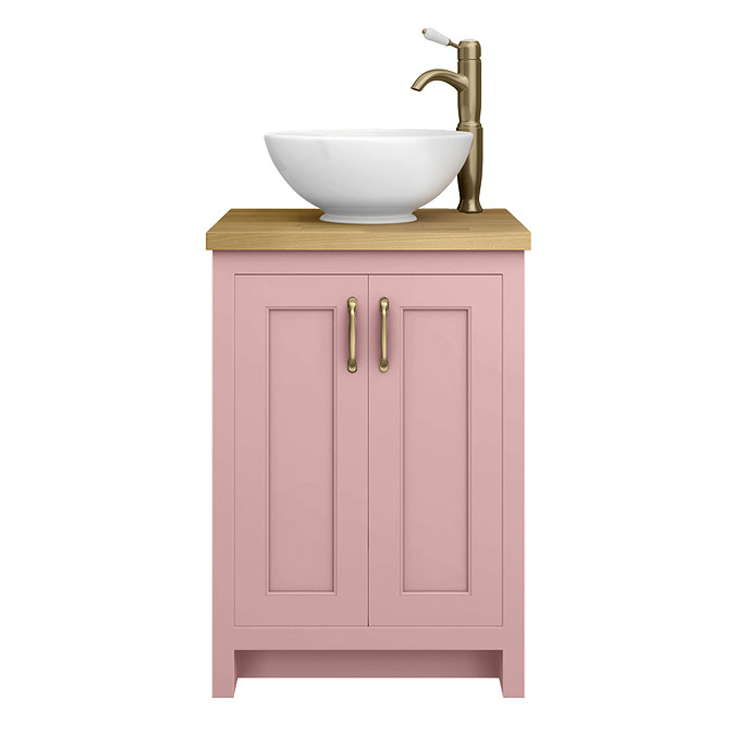 Chatsworth 545mm Dusky Pink Countertop Vanity with Worktop, Round Basin & Antique Brass Handles