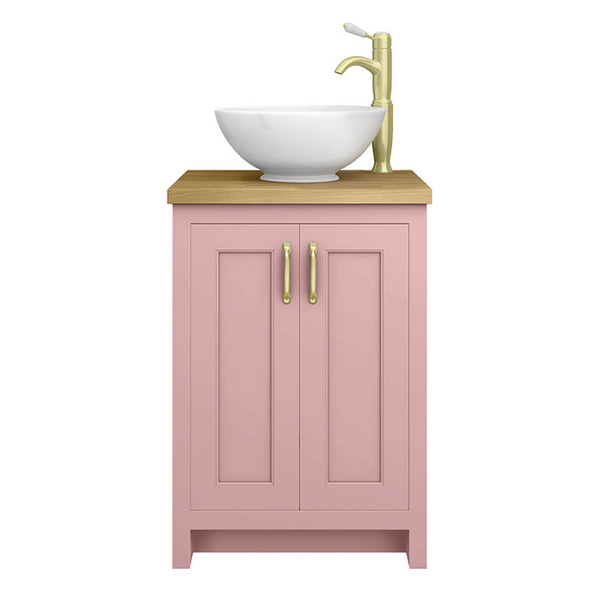 Chatsworth 545mm Dusky Pink Countertop Vanity with Worktop, Round Basin & Brushed Brass Handles