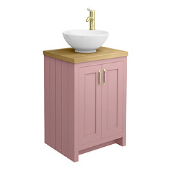 Chatsworth 545mm Dusky Pink Countertop Vanity with Worktop, Round Basin & Brushed Brass Handles