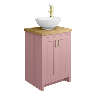 Chatsworth 545mm Dusky Pink Countertop Vanity with Worktop, Round Basin & Brushed Brass Handles