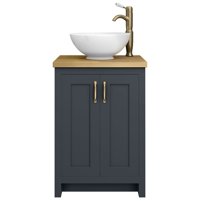 Chatsworth 545mm Graphite Countertop Vanity with Worktop, Round Basin & Antique Brass Handles