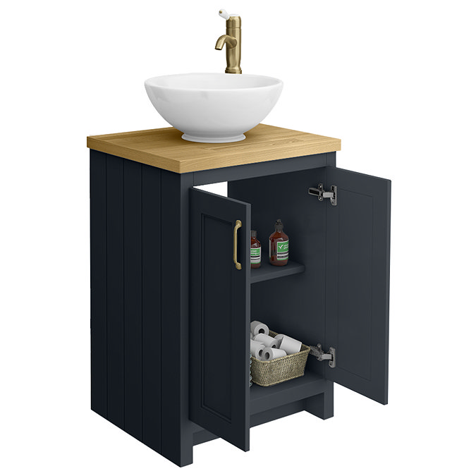Chatsworth 545mm Graphite Countertop Vanity with Worktop, Round Basin & Antique Brass Handles