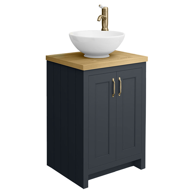 Chatsworth 545mm Graphite Countertop Vanity with Worktop, Round Basin & Antique Brass Handles