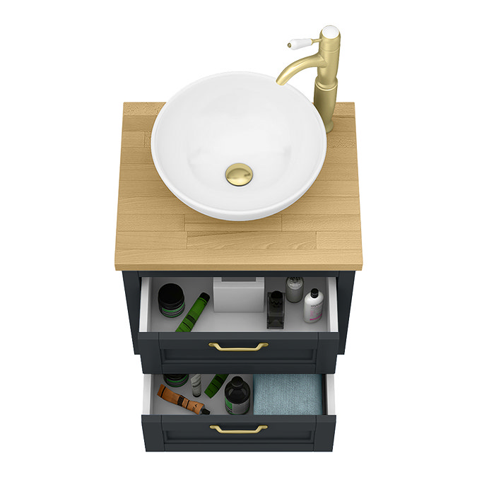 Chatsworth 545mm Graphite Wall Hung Countertop Vanity with Worktop, Round Basin & Brushed Brass Handles