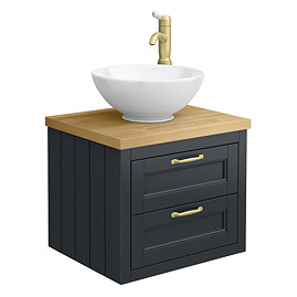 Chatsworth 545mm Graphite Wall Hung Countertop Vanity with Worktop, Round Basin & Brushed Brass Handles