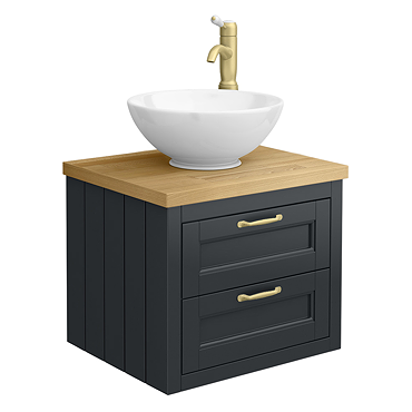 Chatsworth 545mm Graphite Wall Hung Countertop Vanity with Worktop, Round Basin & Brushed Brass Handles