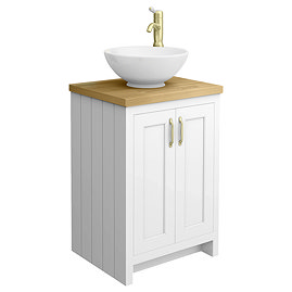 Chatsworth 545mm White Countertop Vanity with Worktop, Round Basin & Brushed Brass Handles