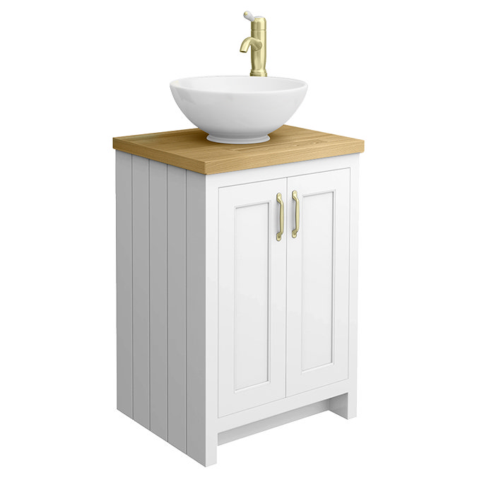 Chatsworth 545mm White Countertop Vanity with Worktop, Round Basin & Brushed Brass Handles