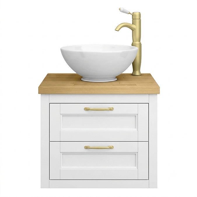 Chatsworth 545mm White Wall Hung Countertop Vanity with Worktop, Round Basin & Brushed Brass Handles