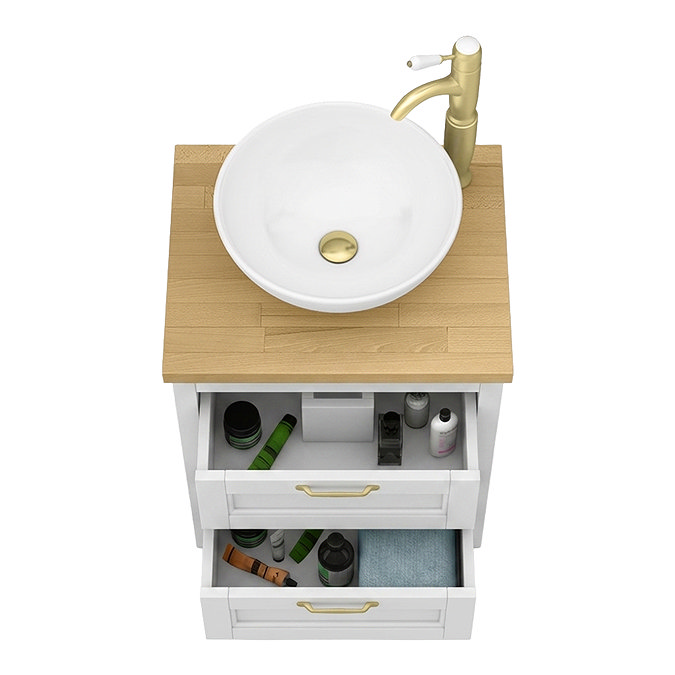 Chatsworth 545mm White Wall Hung Countertop Vanity with Worktop, Round Basin & Brushed Brass Handles