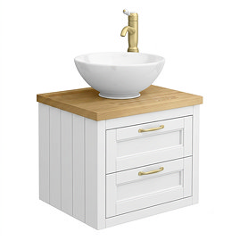 Chatsworth 545mm White Wall Hung Countertop Vanity with Worktop, Round Basin & Brushed Brass Handles