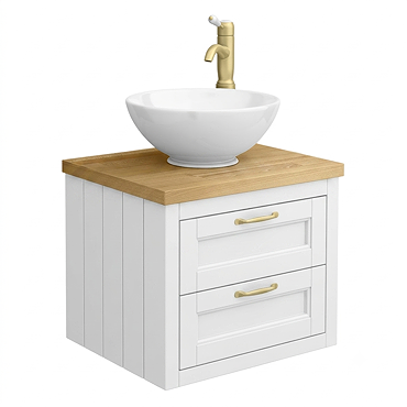 Chatsworth 545mm White Wall Hung Countertop Vanity with Worktop, Round Basin & Brushed Brass Handles