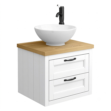 Chatsworth 545mm White Wall Hung Countertop Vanity with Worktop, Round Basin & Matt Black Handles