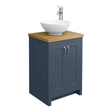 Chatsworth 545mm Blue Countertop Vanity with Beech Worktop, Round Gloss White Basin & Chrome Handles