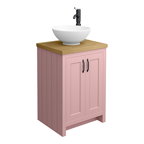 Chatsworth 545mm Pink Countertop Vanity with Beech Worktop, Round Gloss White Basin & Matt Black Handles