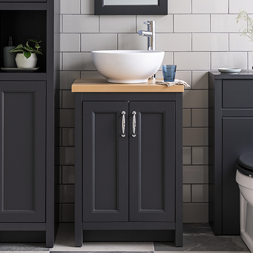 Chatsworth 545mm Graphite Countertop Vanity with Beech Worktop, Round Gloss White Basin & Chrome Handles