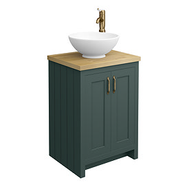 Chatsworth 545mm Green Countertop Vanity with Beech Worktop, Round Gloss White Basin & Antique Brass Handles