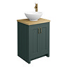 Chatsworth 545mm Green Countertop Vanity with Beech Worktop, Round Gloss White Basin & Antique Brass Handles