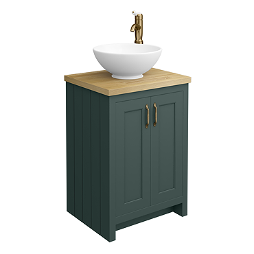 Chatsworth 545mm Green Countertop Vanity with Beech Worktop, Round Gloss White Basin & Antique Brass Handles