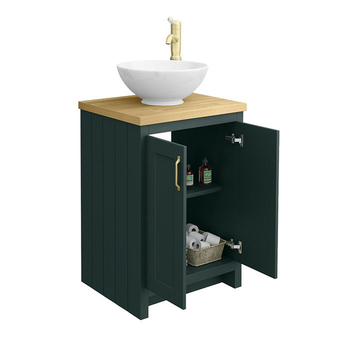 Chatsworth 545mm Green Countertop Vanity with Worktop, Round Basin & Brushed Brass Handles
