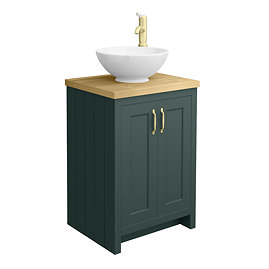 Chatsworth 545mm Green Countertop Vanity with Worktop, Round Basin & Brushed Brass Handles