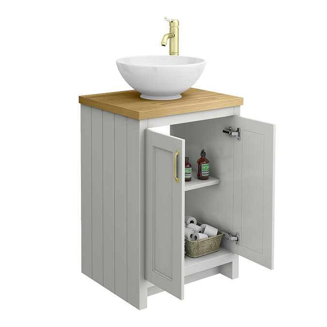 Chatsworth 545mm Grey Countertop Vanity with Worktop, Round Basin & & Brushed Brass Handles