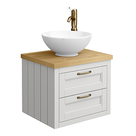 Chatsworth 545mm Grey Wall Hung Countertop Vanity with Worktop, Round Basin & Antique Brass Handle