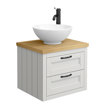Chatsworth 545mm Grey Wall Hung Countertop Vanity with Worktop, Round Basin & Matt Black Handles