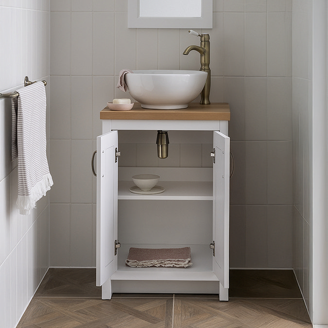 Chatsworth 545mm White Countertop Vanity with Worktop, Round Basin & Antique Brass Handles