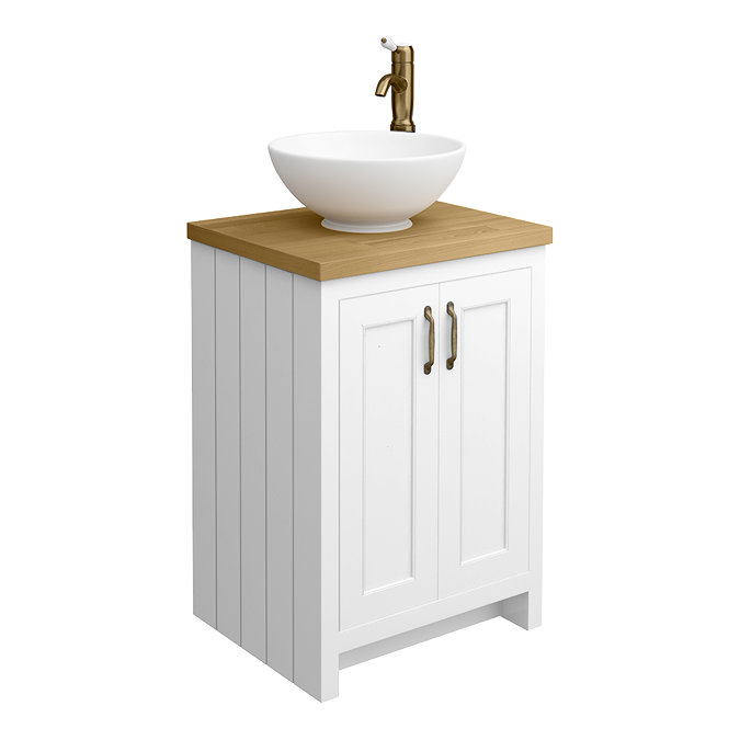 Chatsworth 545mm White Countertop Vanity with Worktop, Round Basin & Antique Brass Handles