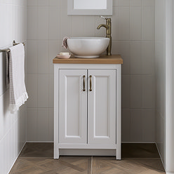 Chatsworth 545mm White Countertop Vanity with Worktop, Round Basin & Antique Brass Handles