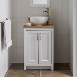 Chatsworth 545mm White Countertop Vanity with Worktop, Round Basin & Antique Brass Handles
