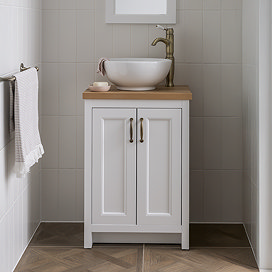 Chatsworth 545mm White Countertop Vanity with Worktop, Round Basin & Antique Brass Handles