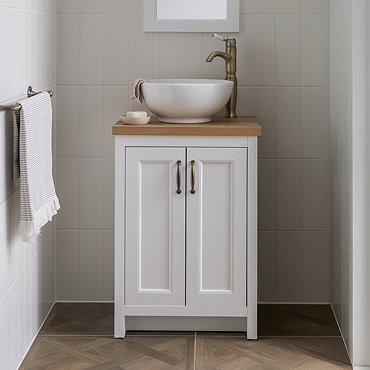 Chatsworth 545mm White Countertop Vanity with Beech Worktop, Round Gloss White Basin & Antique Brass Handles