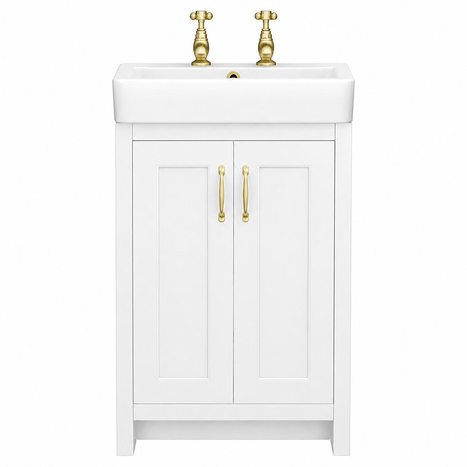 Chatsworth 560mm Traditional White Vanity - 2 Tap Hole with Brushed Brass Handles