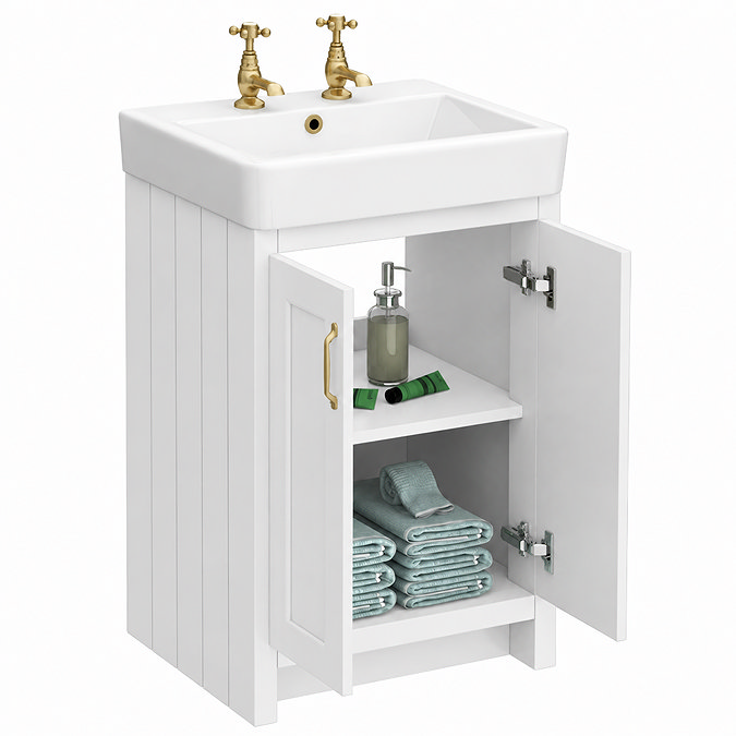 Chatsworth 560mm Traditional White Vanity - 2 Tap Hole with Brushed Brass Handles