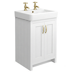 Chatsworth 560mm Traditional White Vanity - 2 Tap Hole with Brushed Brass Handles