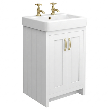 Chatsworth 560mm Traditional White Vanity - 2 Tap Hole with Brushed Brass Handles