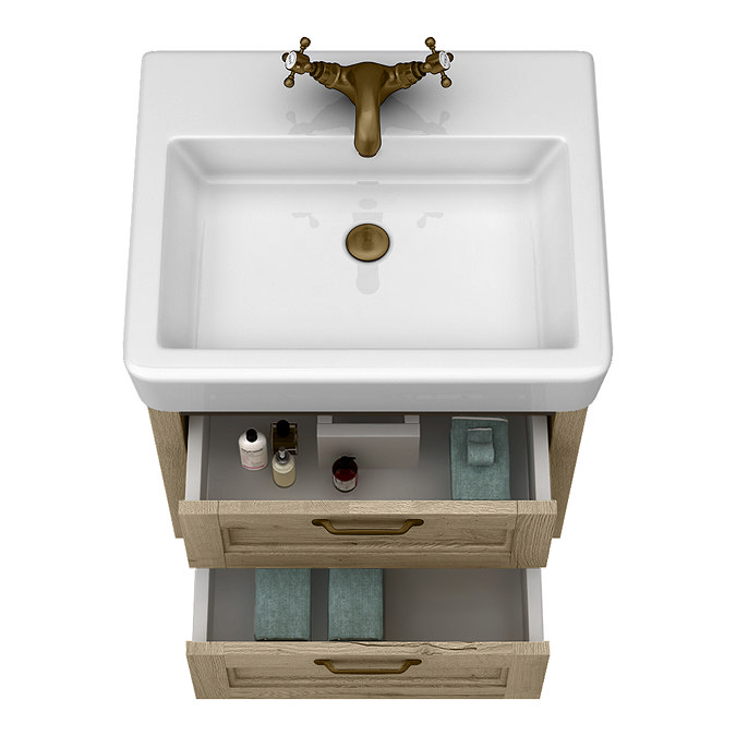 Chatsworth 560mm Wall Hung Vanity Unit – Natural Oak, 2 Drawers, Antique Brass Handles